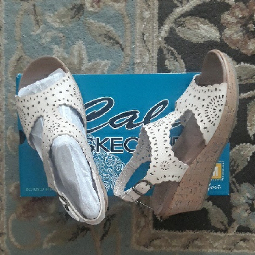 Cali From Skechers Cream Laser-Cut Cork Wedge Sandals